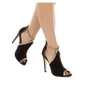 Izabella Rue YVONNA SIZE 7 Black Womens High Heels Gold Chain Shoes Art Deco